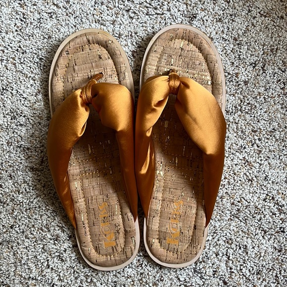Kork-Ease Shoes - Goldish satin flip flops